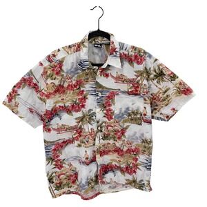 Bear Surfboards Mens Large Hawaiian Shirt Cotton Hula Canoe Tropical Print White